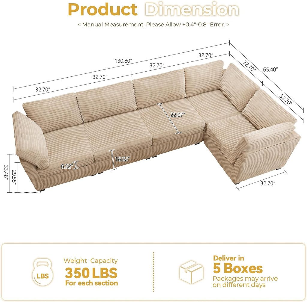 Modular Sectional Sofa,5 Pieces Sectional Couches ,98X98 L Shaped Cloud Couch Set Deep Seat(Beige Velvet Corduroy)