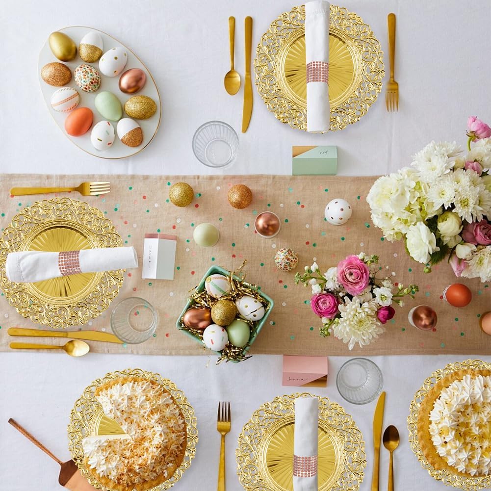 12 Set Gold Charger Plates with 12 Napkin Rings, 13-Inch Stackable Chargers | for Dinner Plates, Perfect for Wedding