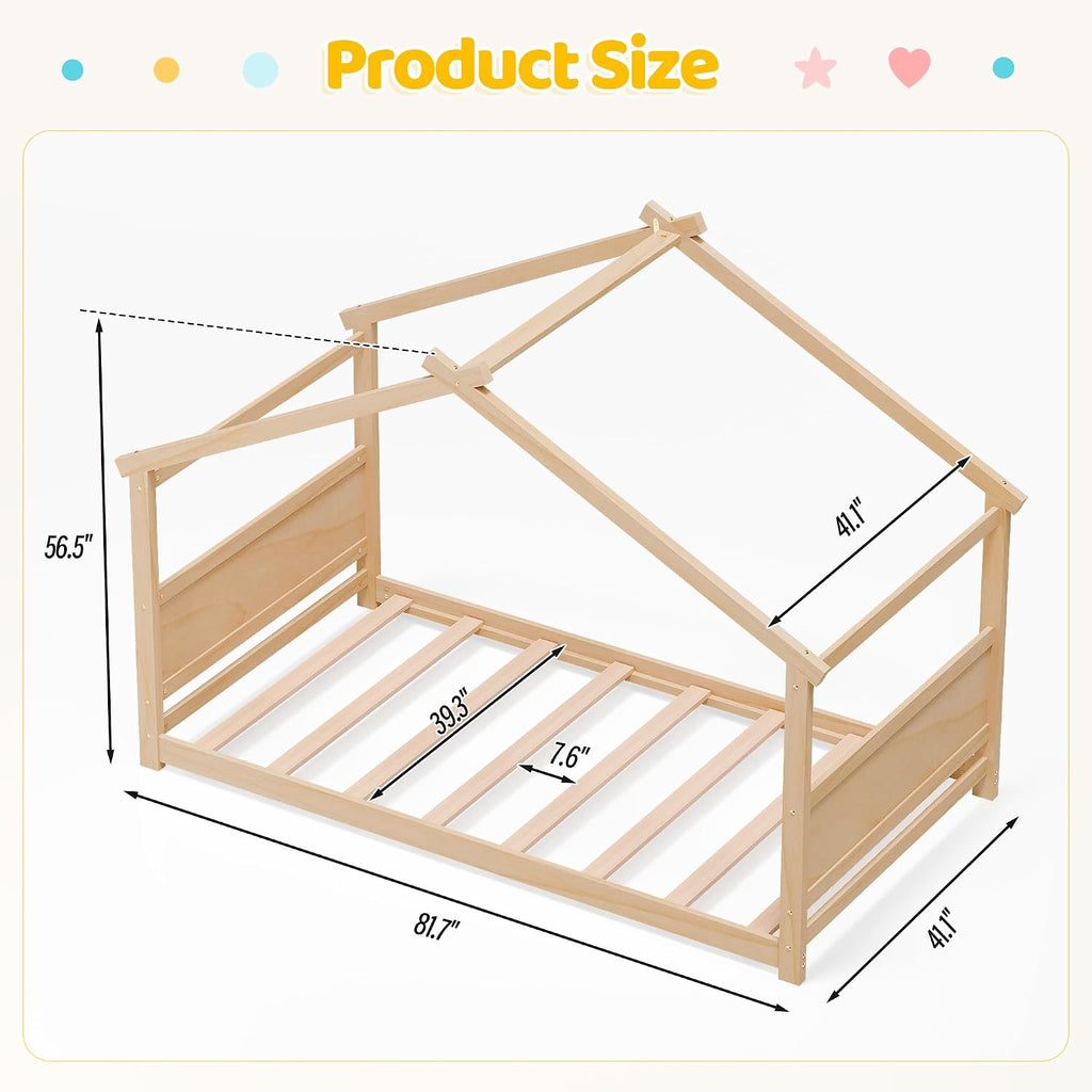 Tw Bed, Montessori Floor Bed with Headboard & Footboard, Solid Wood Bed Frame for Toddlers Kids Bedroom, Natural