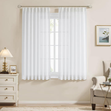 63 Inches Short White Pinch Pleat Sheer Curtains - Set of 2