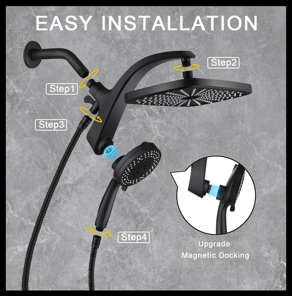 High Pressure Rain Shower Head: Upgrade Shower Heads with Handheld Spray Combo with Fixed Showerhead and 10 Sprays
