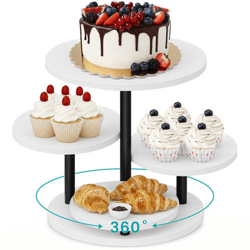 4 Tiered Wooden Cupcake Stand, Round cake and cupcake stand combo with serving Tray, 360°Rotating Dessert Tower for
