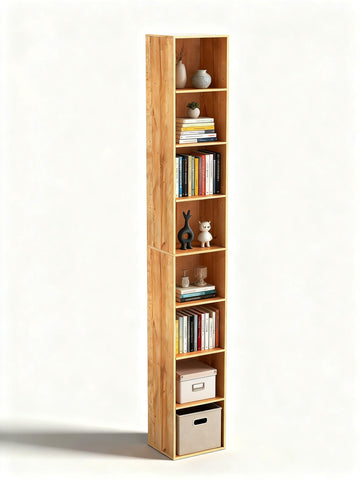 8-Cube Storage Organizer Bookcase, Oak Tall Narrow Bookshelf, Freestanding Open Cubby Storage Shelf, Display Cabinet
