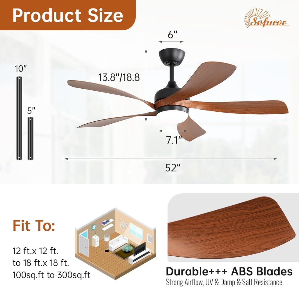 52 Inch Smart Ceiling Fan with Light, Modern Ceiling Fan with Dimmable Memory LED, Compatible with Alexa/Google/App