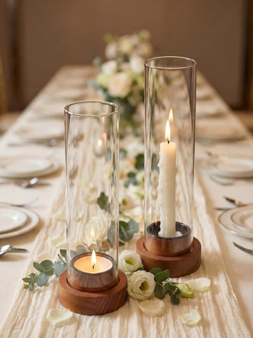 Hurricane Glass Candle Holders with Wax Catchers, Dripless, Set of 2 | Metal Bobeches Catch Drips, Clear Chimney