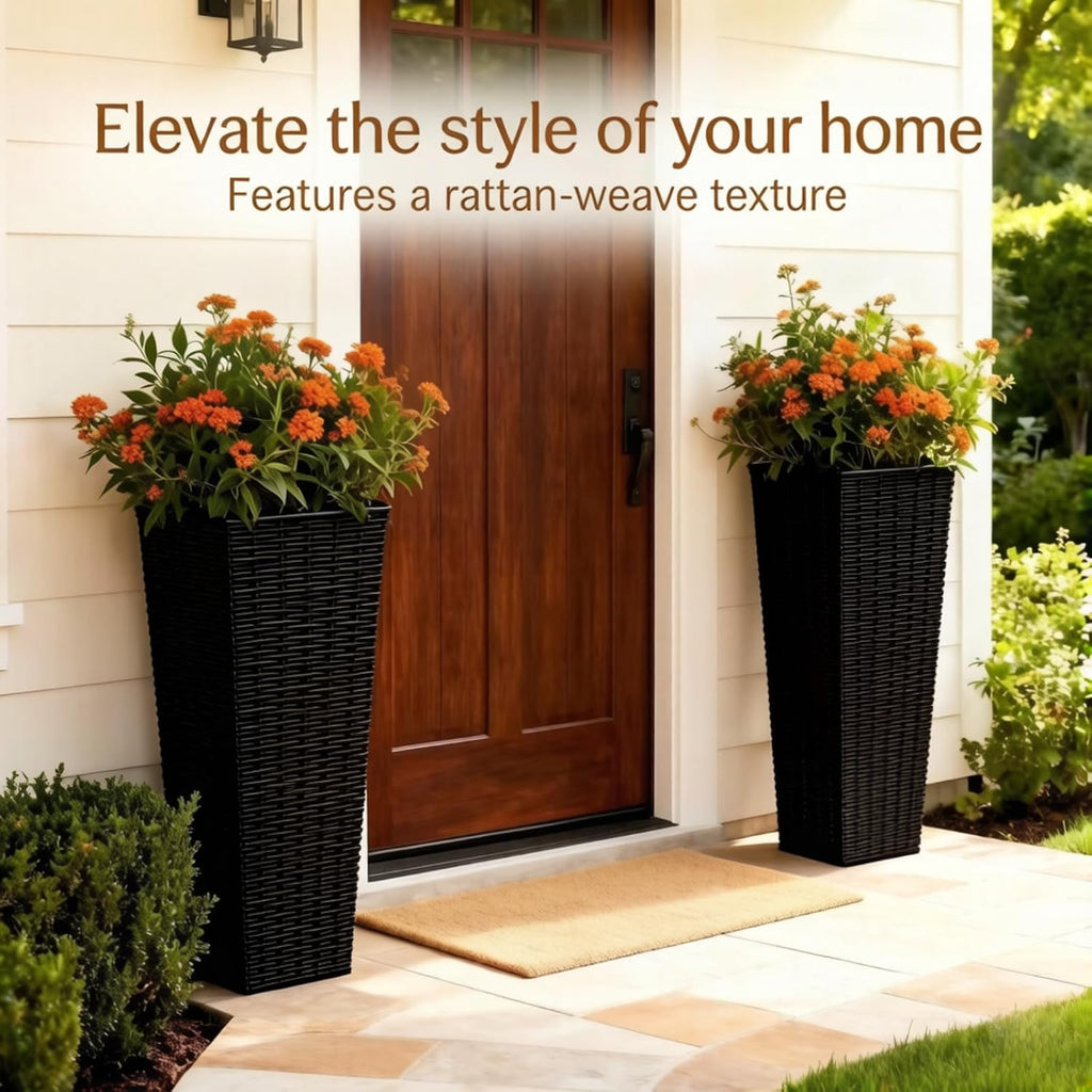 32" Tall Planter, Large Outdoor Planter Pot with Drainage | Outdoor Planter Set of 2,Removable Inner Pot,Resin