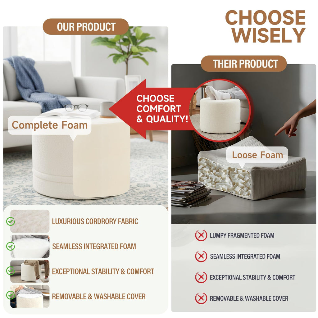 Round Pouf Ottoman, Soft Plush Foot Stool with Solid Foam Block