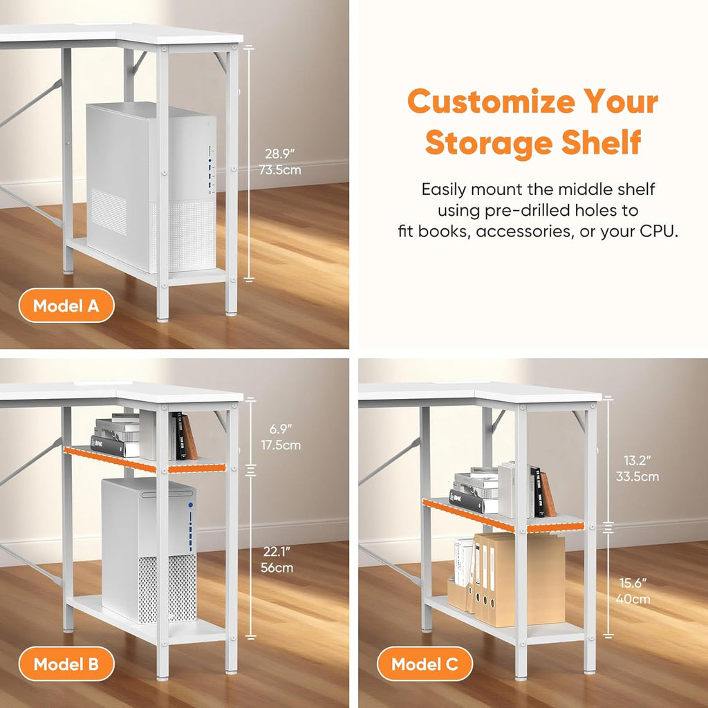 L Shaped Desk with Shelf Drawers 47 Inch, White Corner Computer Desks Gaming with Power Outlet