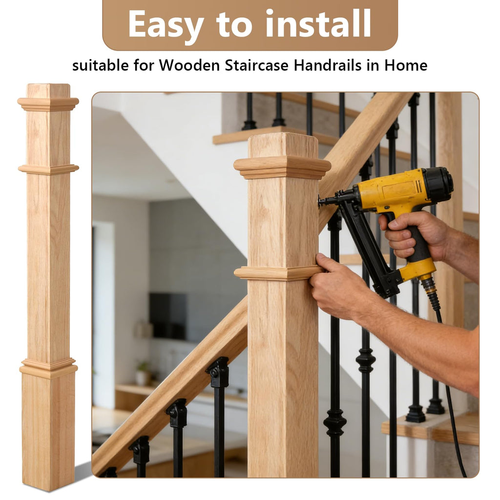 1 Pcs 48 Inch Red Oak Newel Post for Staircase Railing Replacement