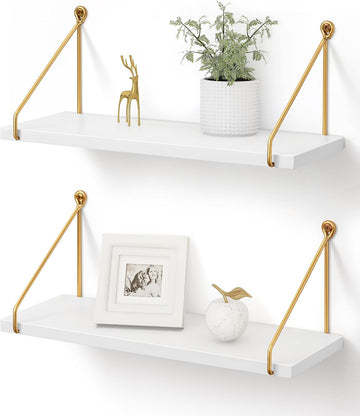 Floating Shelves for Wall, White and Gold Shelf, Display Wall Shelves | Hanging Bookshelf with Bracket, Solid Wood