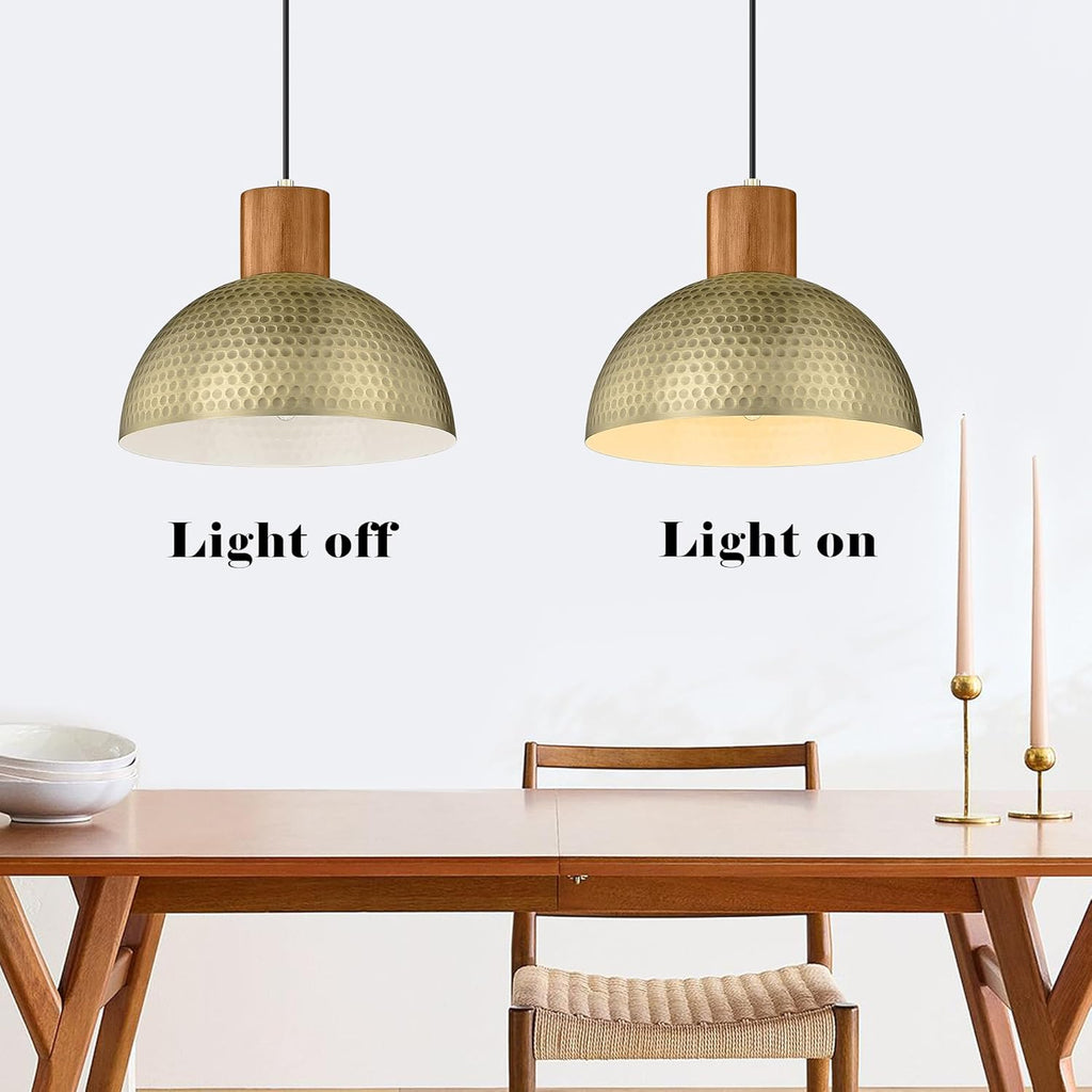 2 Pack Hammered Pendant Lights 12" Vintage Metal & Wood Dome Hanging Lamp Antique Gold Industrial Kitchen Pendant