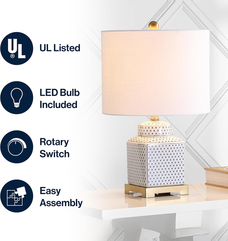 21.5" White and Navy Blue Ceramic Ginger Jar LED Table Lamp