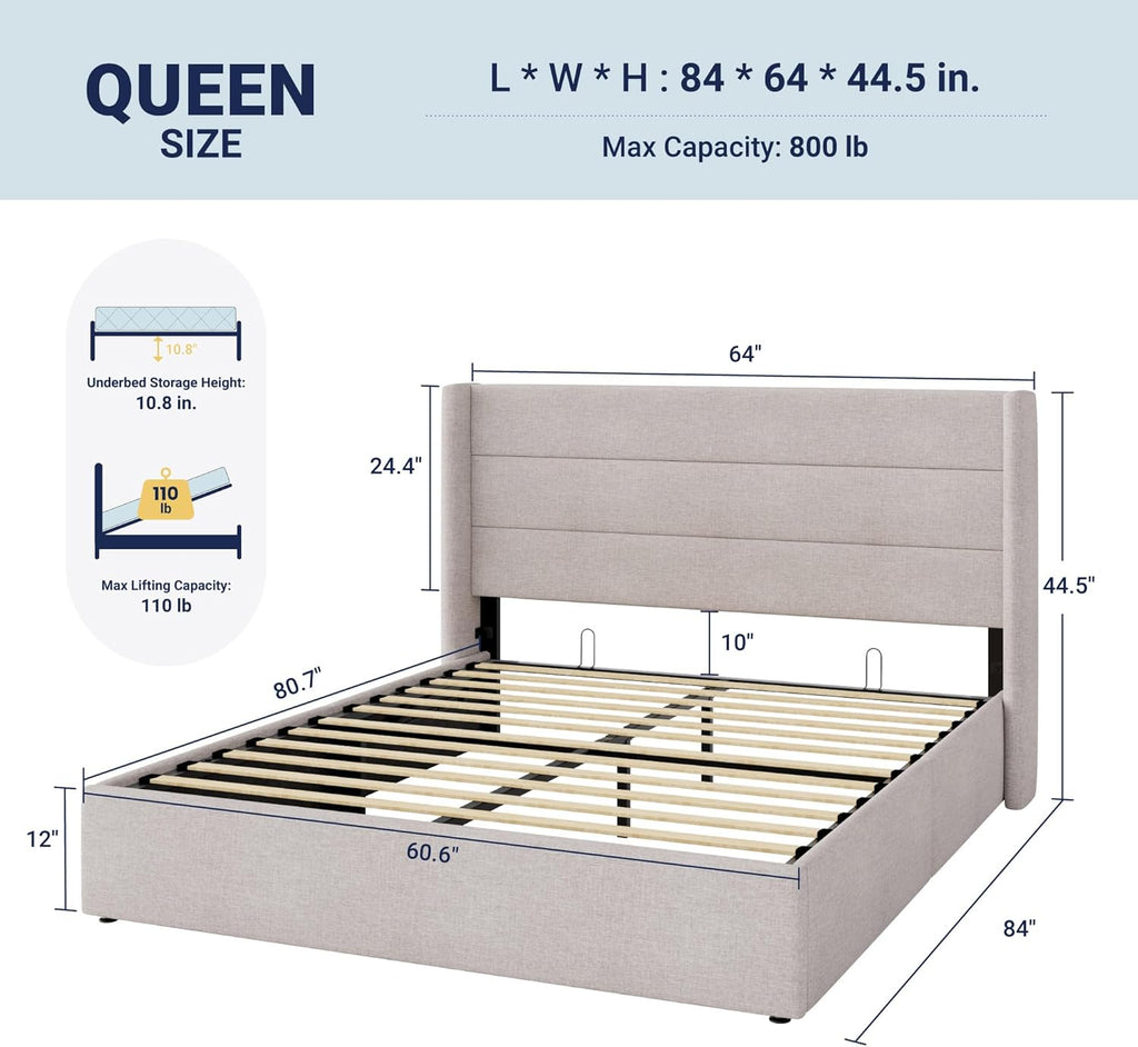 Queen Lift Up Storage Bed, Modern Wingback Headboard, Hydraulic Support, No Box Spring Needed, Light Beige