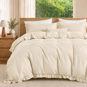 Ruffle Duvet Cover Set King Size, 100% Viscose Derived from Bamboo - Cooling Silky Soft Ruffled Bedding for Hot