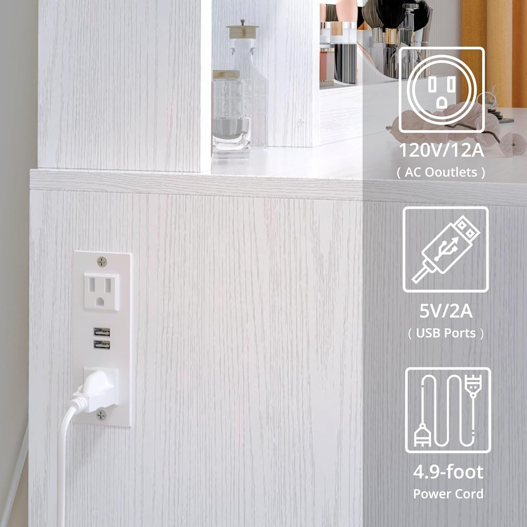 Vanity Desk with Charging Station and Dressing Room | LED Lights, Drawers, Mirror, Storage, Drawer space