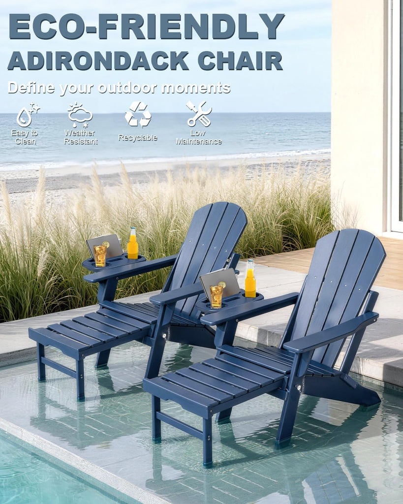 Adjustable Adirondack Chair Set of 2 with Retractable Ottoman | Folding HDPE Chair with Multifunctional Cup Holder