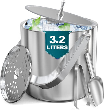 Ice Bucket for Parties, 3.4Qt/3.2L Double-Wall Stainless Steel Insulated Ice Bucket with Lid, Scoop, Tongs