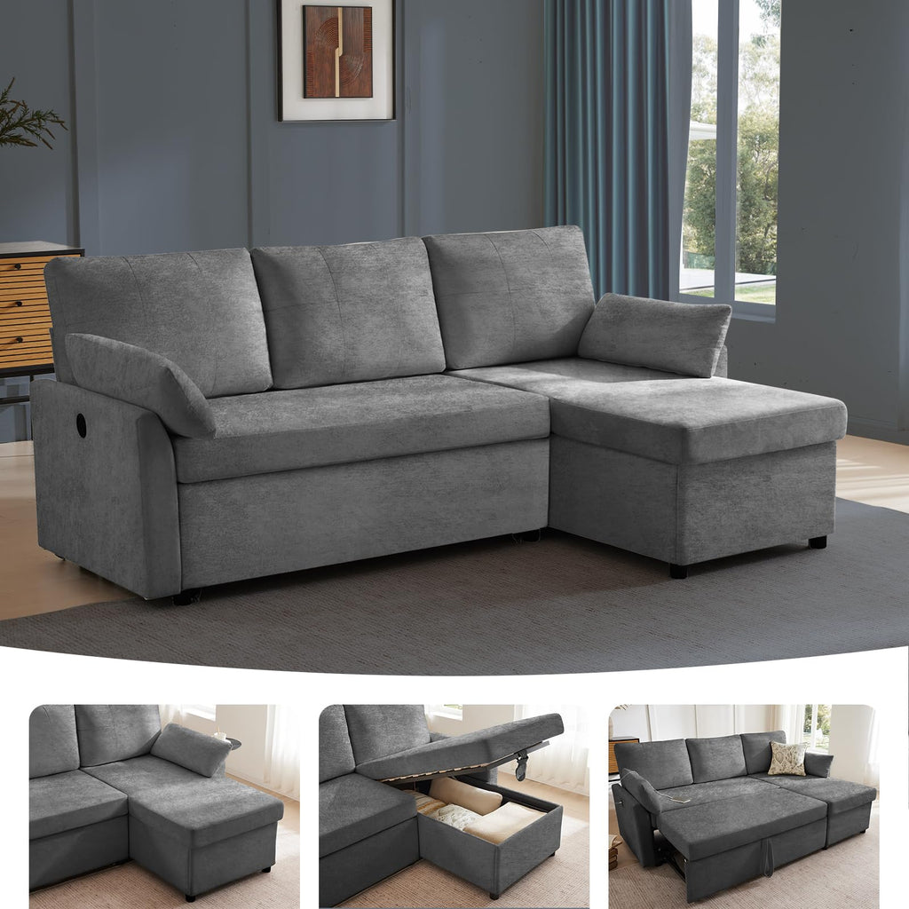 85" L Shaped Sectional Sofa Couch, Pull Out Couch Sleeper Sofa Bed, Soft Chenille Deep Seat Sofa, Reversible Chaise