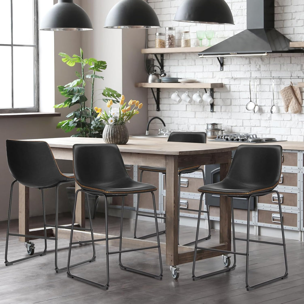 Bar Stools Set of 2, 26 Inch Counter Height Faux Leather Barstools with Back, Modern Metal Leg Bar Chairs