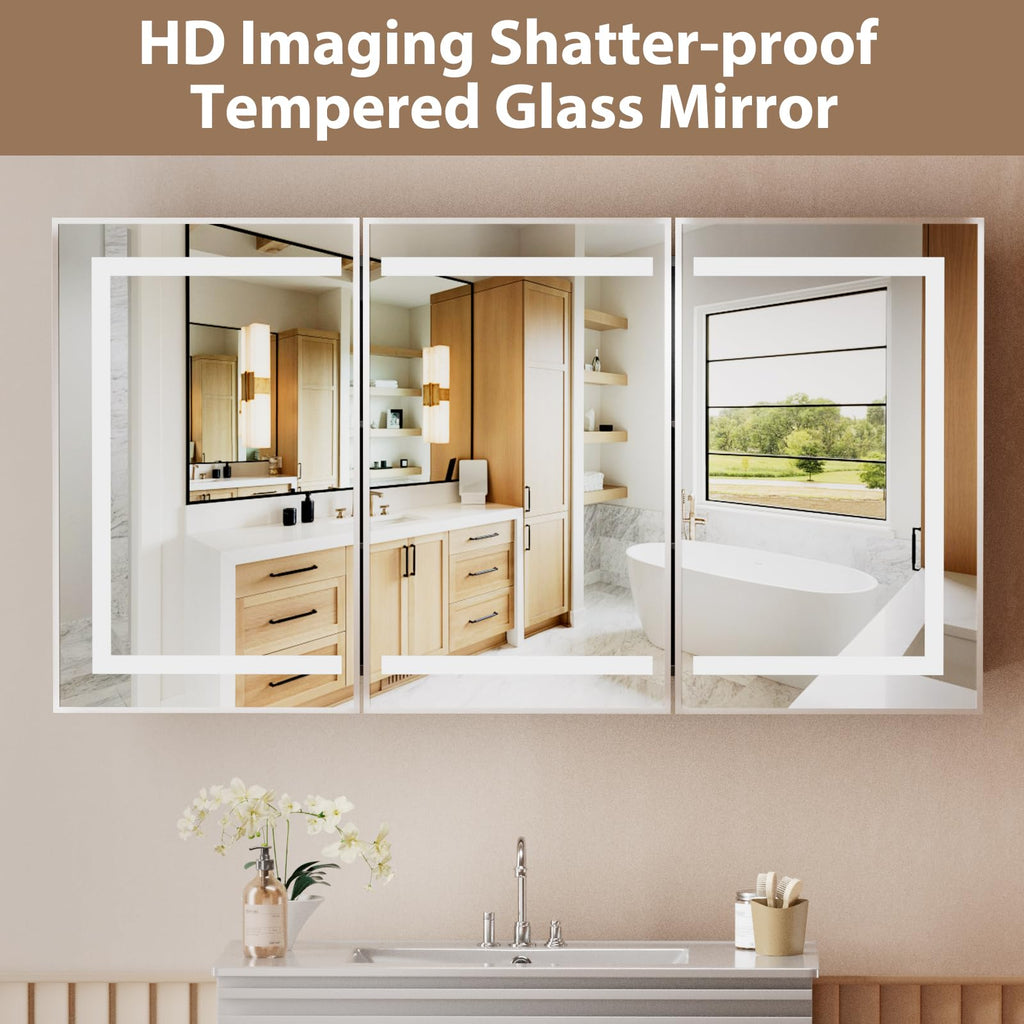 Led Medicine Cabinet with Mirror, Bathroom Vanity Mirror Cabinet with Shelves, 3-Color Lights Dimmer (Silver, 32" H x
