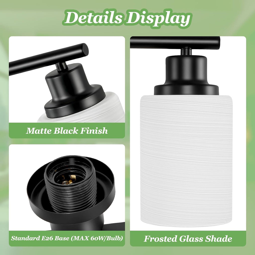 2-Light Vanity Lights, Black Bathroom Light Fixture with Striped Textured Milky White Glass Shade, Modern Vanity