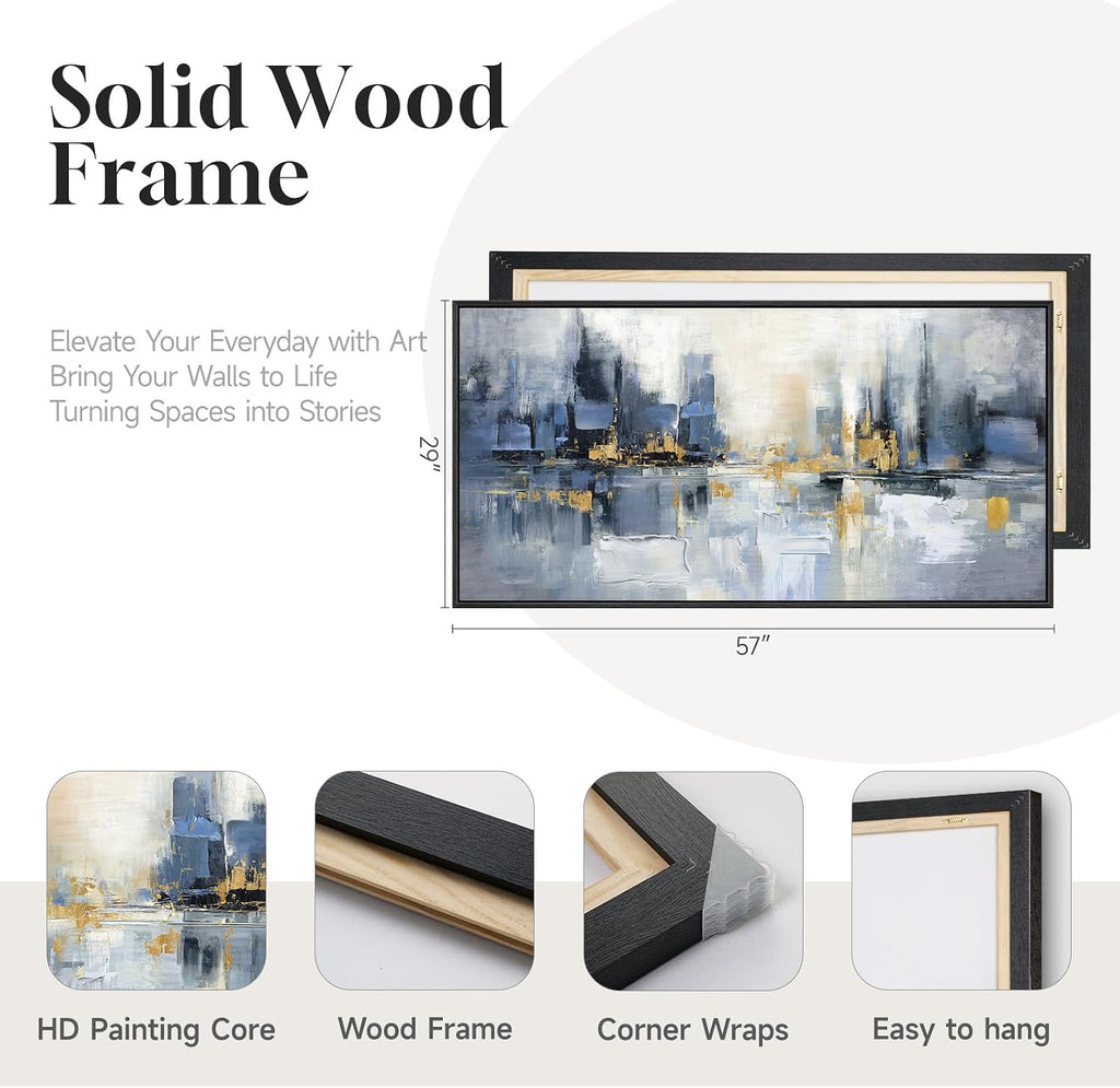 Framed Blue Abstract Wall Art , Extra Large Modern Cityscape Canvas Artwork for Walls, Horizontal Contemporary