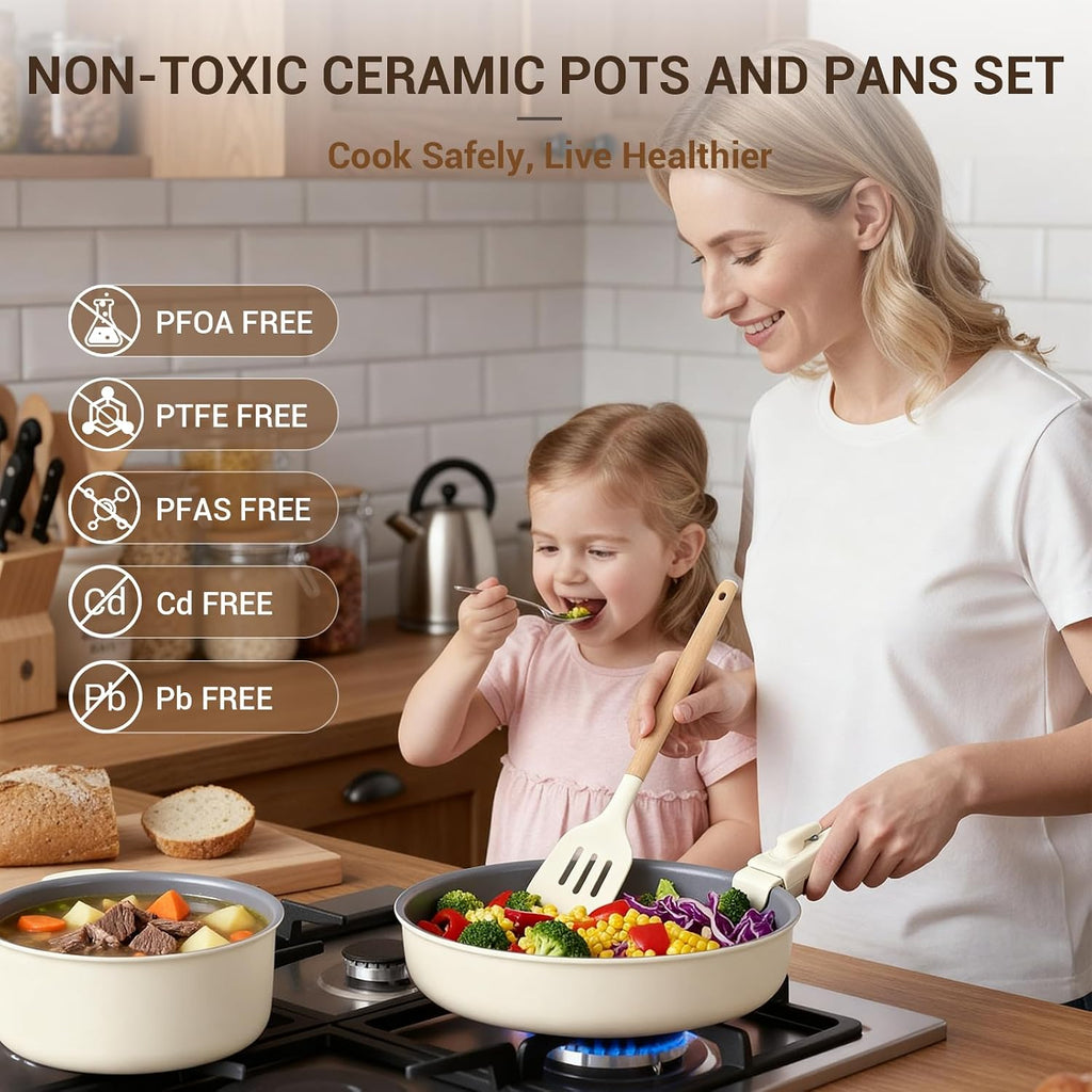 18-Piece Ceramic Pots and Pans Set Non Stick, Non Toxic Cookware Set with Removable Handles, Pot Sets for Cooking
