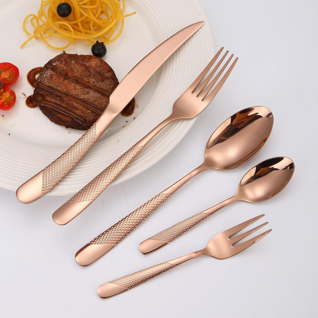 Hammered Flatware Set Copper/Rose Gold Silverware 20 Piece Stainless Steel Service for 4 Forks Knives Spoons Heavy