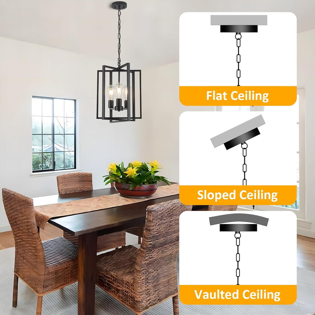 Black Farmhouse Modern Chandelier Light Fixture for Dining Room, 3 Light Rustic Kitchen Island Metal Pendant Hanging