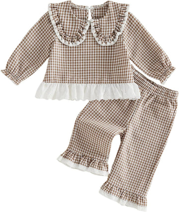 Toddler Baby Girl Fall Winter Outfits Plaid Collared Ruffle Shirt Pants Set