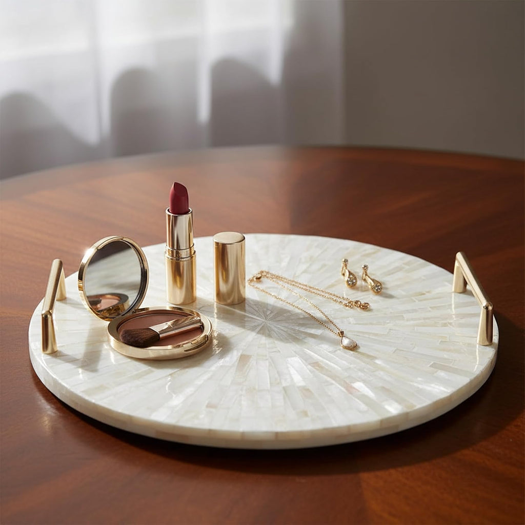 Mother of Pearl Decorative Tray, 13"" Round with Gold Metal Handles, Vanity/Perfume/Trinket Tray, Catchall for
