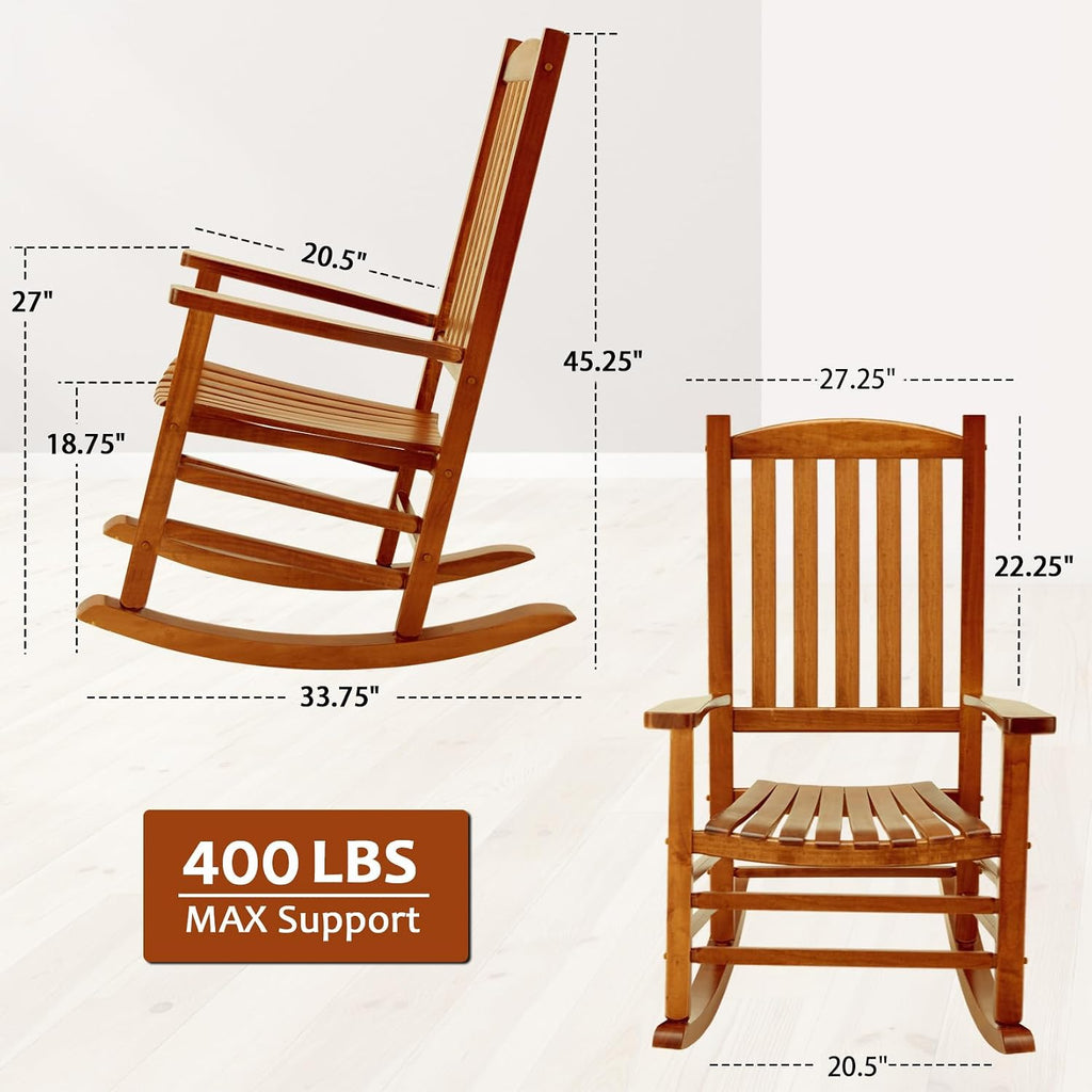 Wooden Oversized Porch Rocker Chair with High Back and Armrest, All Weather Slatted Rocker for Backyard, Garden, 400