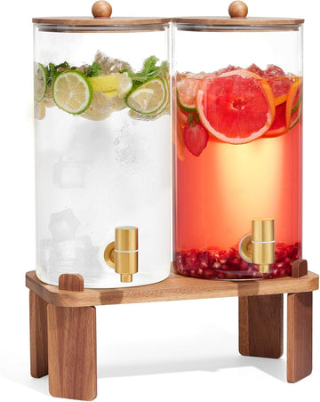 1.5 Gallon Drink Dispenser: 2P Glass Dispenser w/Wood Stand - Set of 2