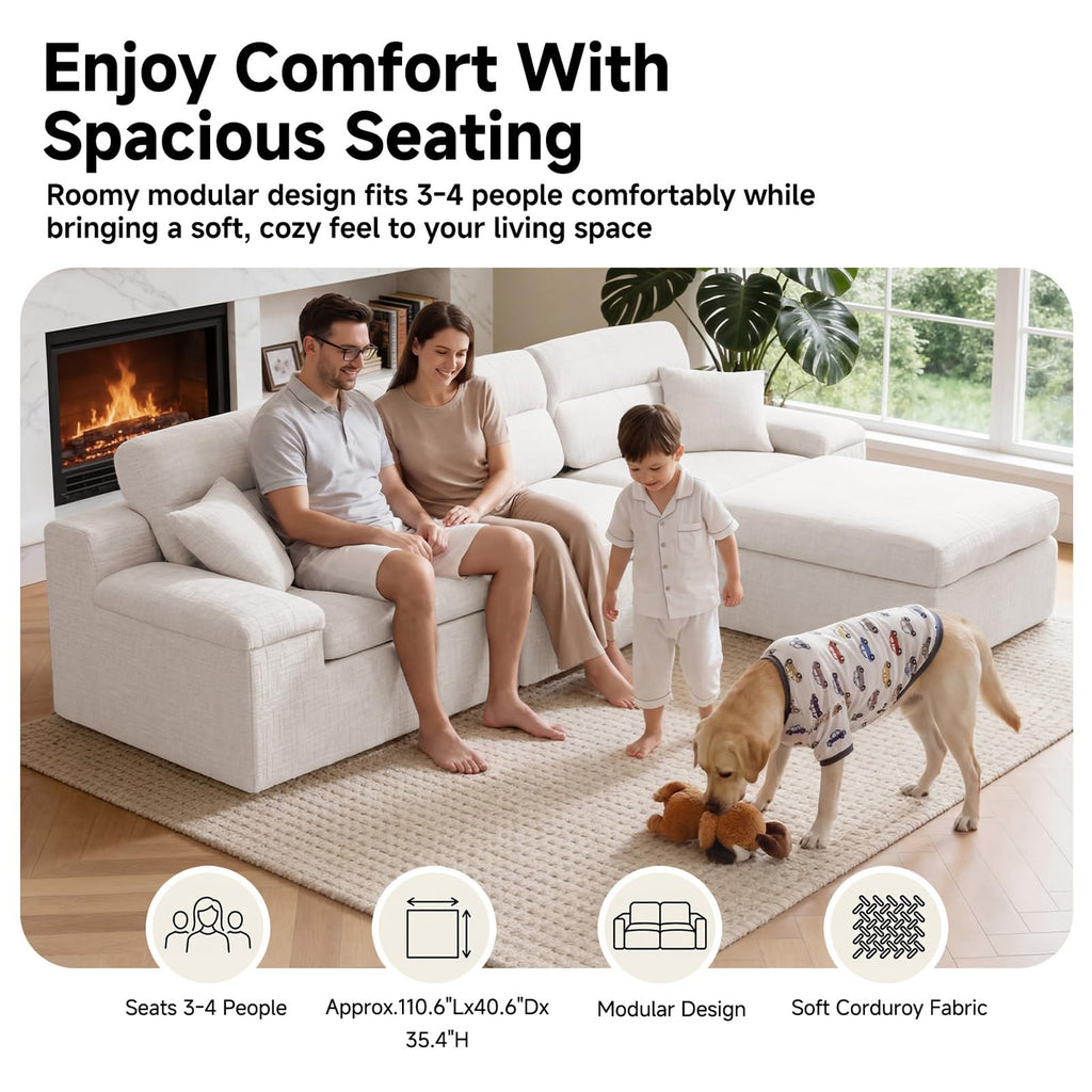 110" Sectional Boneless Sofa with Ottoman, L-Shaped Couch Bed, No-Assembly Modular Sofa, Soft Chenille Fabric Deep
