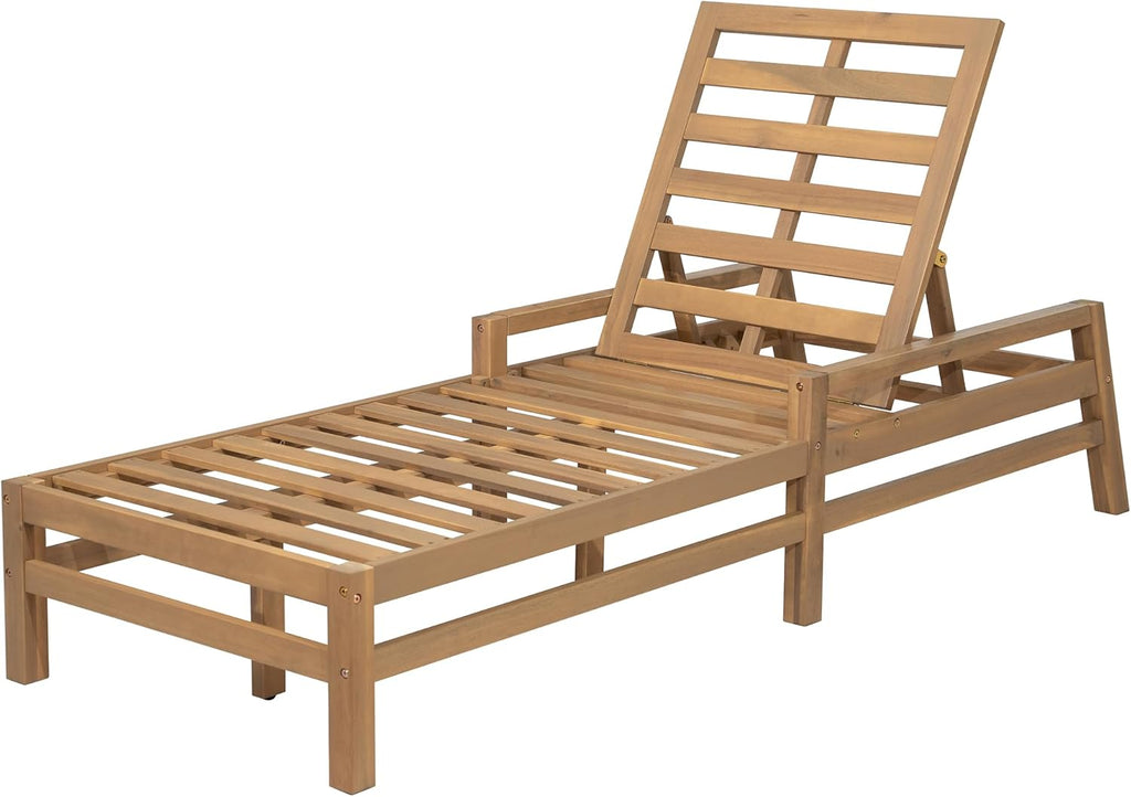 Acacia Wood Outdoor Patio Chaise Lounge Chair, All Weather Recliner Chair with Thick Cushions and 5-Position