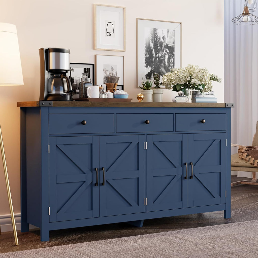 63" Sideboard Buffet Cabinet with Storage, Coffee Bar with 3 Drawers and 4 Barn Doors