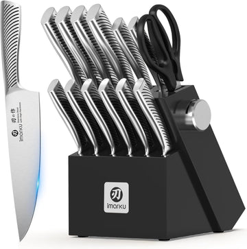 14-Piece Knife Block Set, Knife Set with Block and Build-in Sharpener, Japanese Stainless Steel Knife Set for Lasting