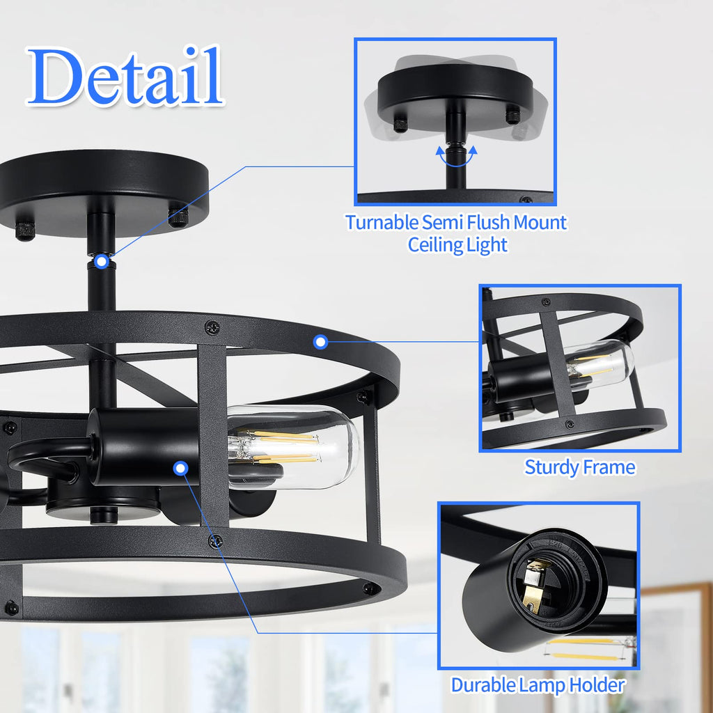 Semi Ceiling Light Fixture, 3-Light Black Flush Mount Ceiling Light, 13 Inch Hallway Light fixtures Ceiling, Light