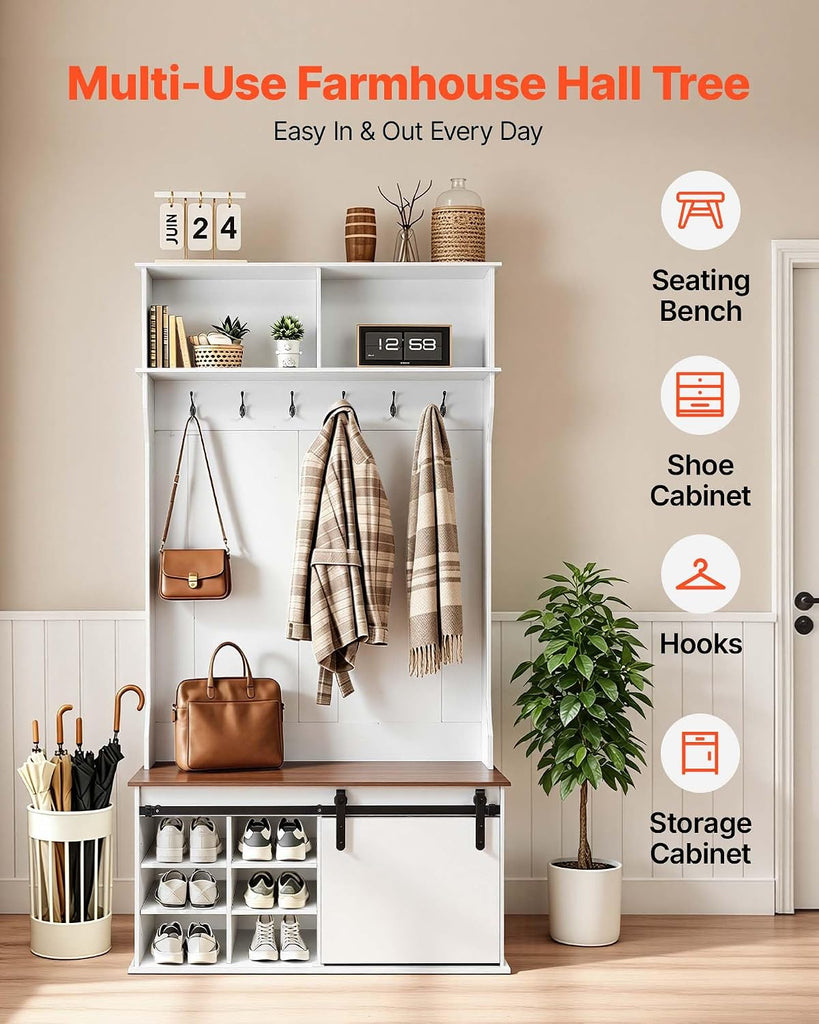 Hall Tree with Bench and Shoe Storage, 42" Wide, Entryway Hall Tree with Bench, Hanging Hooks, Storage Shelves