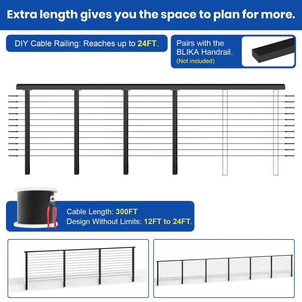 12-24FT Side Mount Cable Railing Post Kits 36 Inch, Black Space-Saving