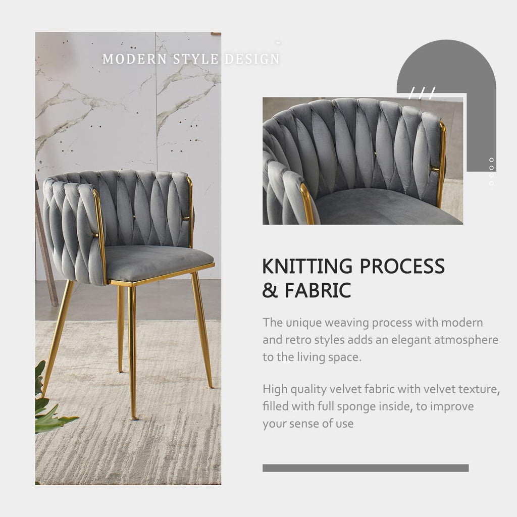 Velvet Dining Chairs Set of 6 with Golden Metal Legs and Woven Backrest - Grey
