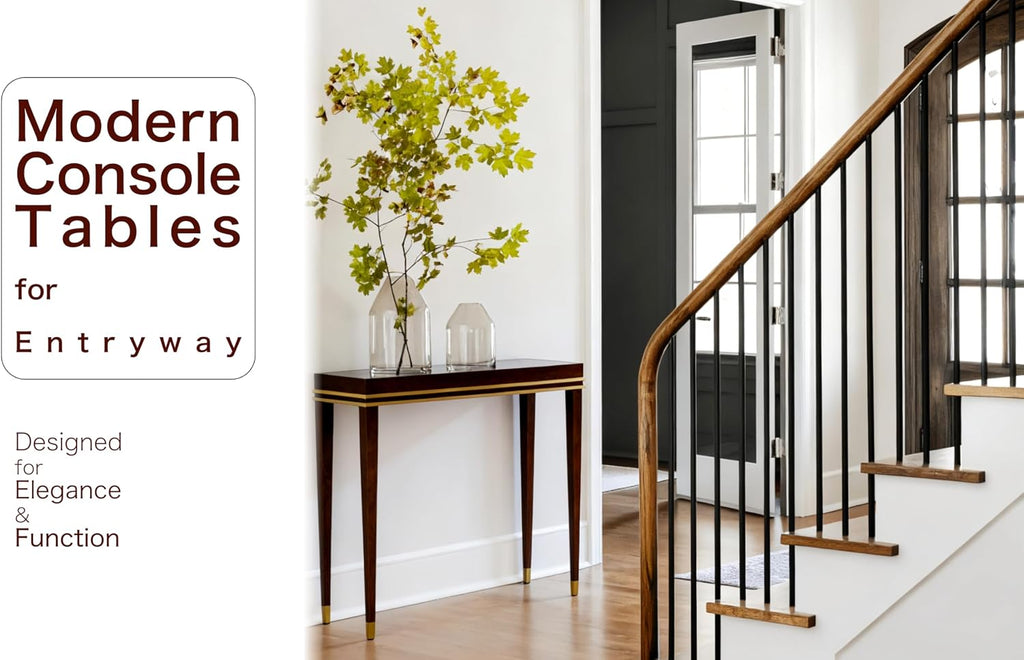 Modern Console Table - Narrow Hallway Table with Golden Accents, Walnut Veneer Hand-Finished - 11.75 Inch Deep Slim