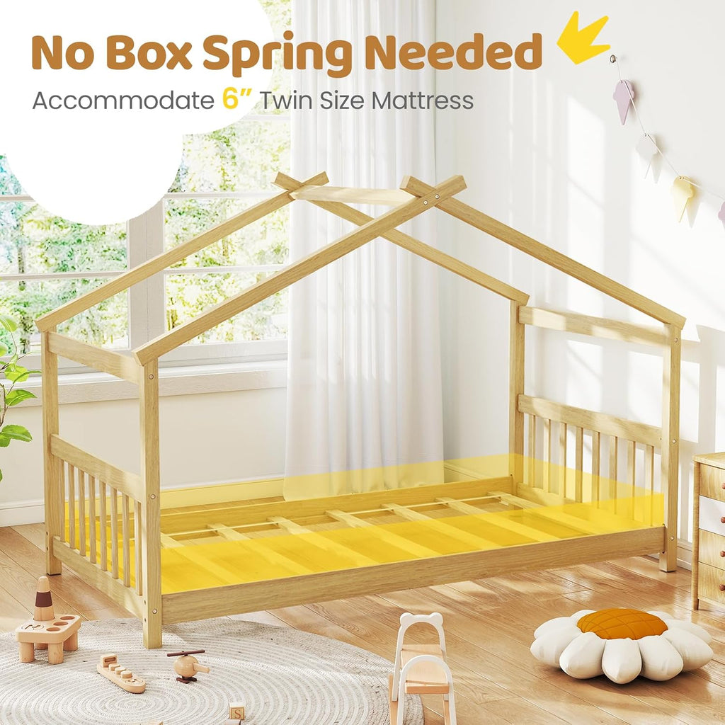 Twin Floor House Bed with Headboard & Footboard, Wood Floor Bed Frame with Roof for Boys & Girls, No Box Spring