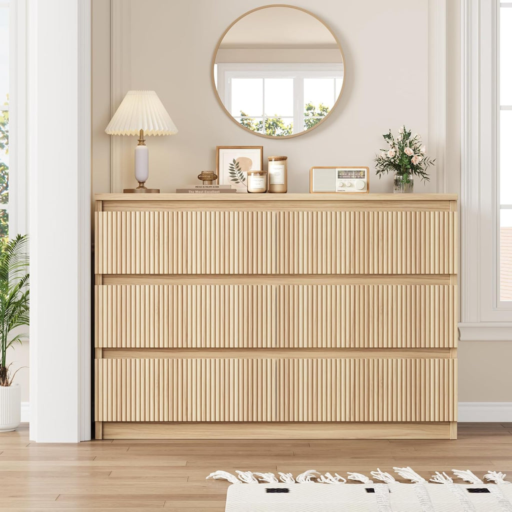 6 Drawer Fluted Dresser, Modern Chest of Drawers with Hidden Handles, Wood Storage Organizer Cabinet , Natural Oak