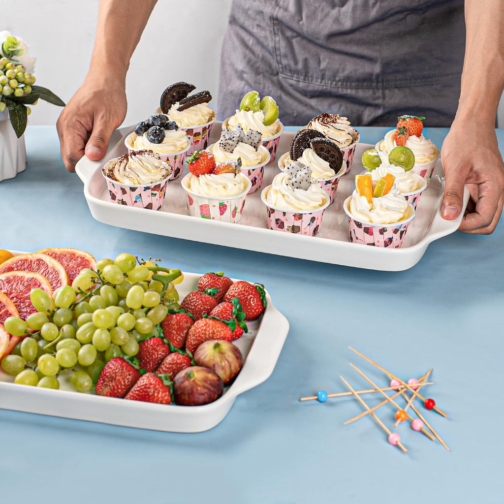 Large Serving Platter with Handles 16"x9" - White Porcelain Serving Trays Set of 3, Rectangular Platters for