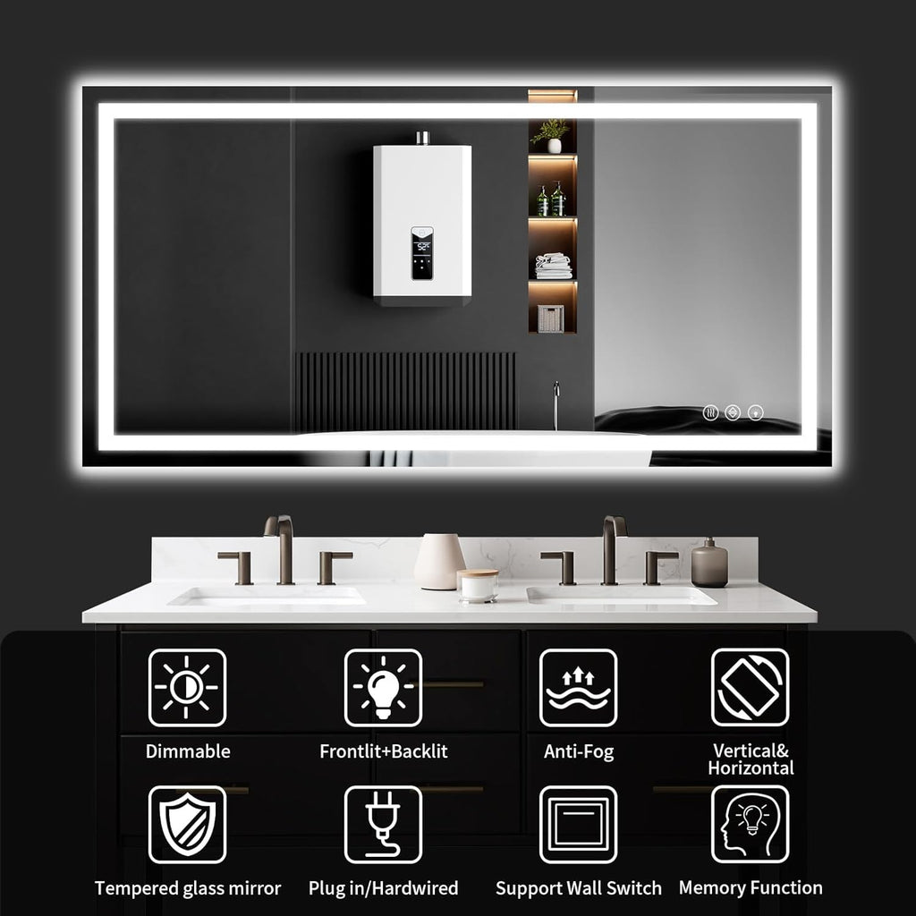 30"x48" LED Bathroom Mirror with Lights, Dimmable，Anti-Fog，Bathroom Vanity Mirror for Wall, Backlit + Front Lit