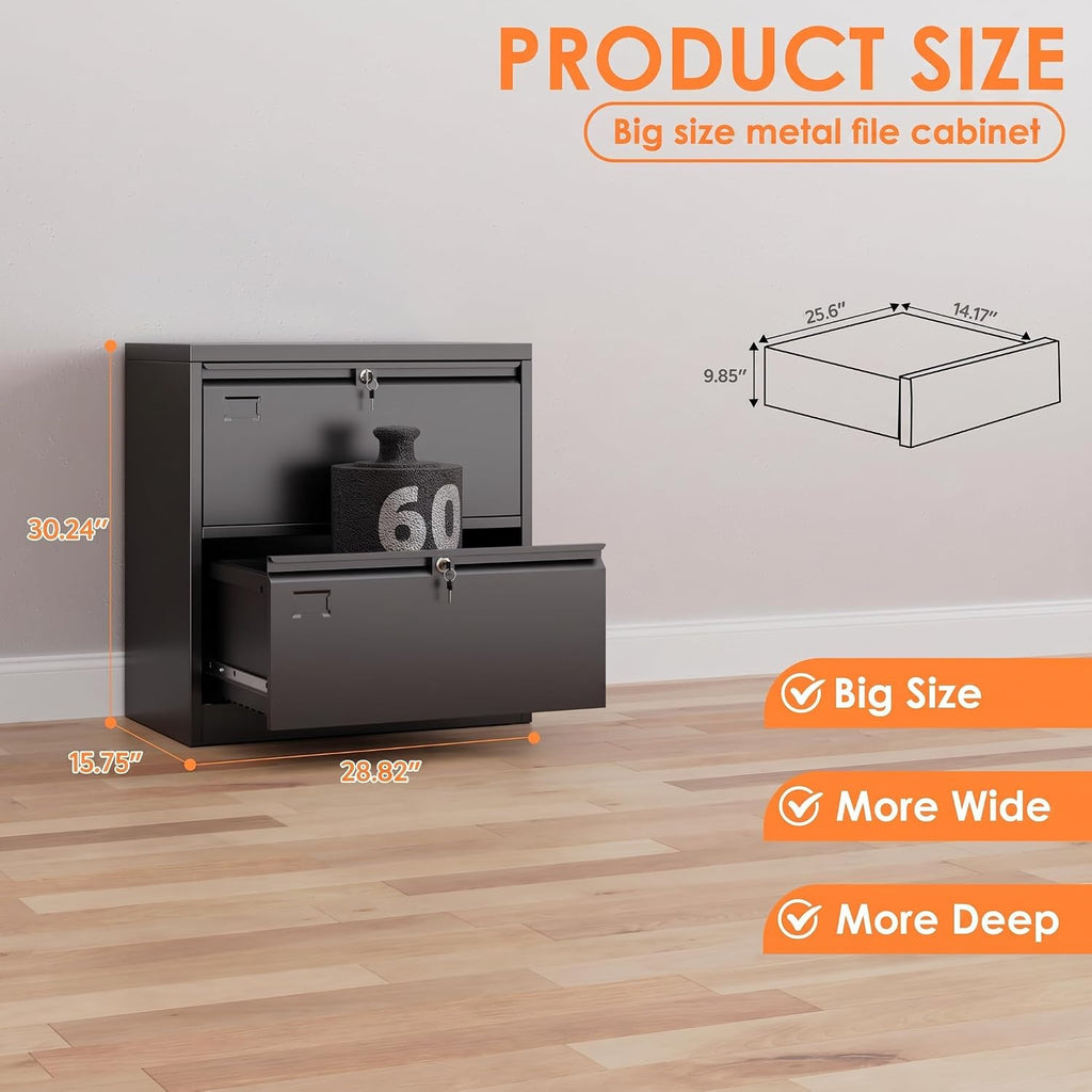 2 Drawer Lateral File Cabinet with Lock, Assembly Required | Black metal cabinet for letter/legal/A4 files, home