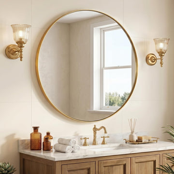 Champagne Bronze Mirror, Large Round Mirrors, 40 Inch Brushed Gold Round Mirror with Anti-Rust Metal Frame, Heavy