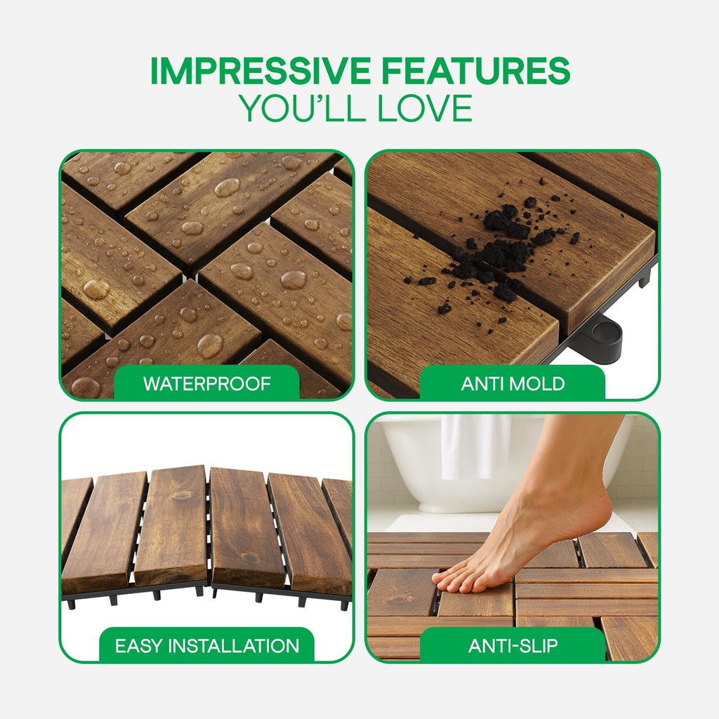 Interlocking Deck Tiles 9.6 SQFT - 10PCS Waterproof Acacia Wood Patio Tiles, Flooring Tiles for Indoor and Outdoor