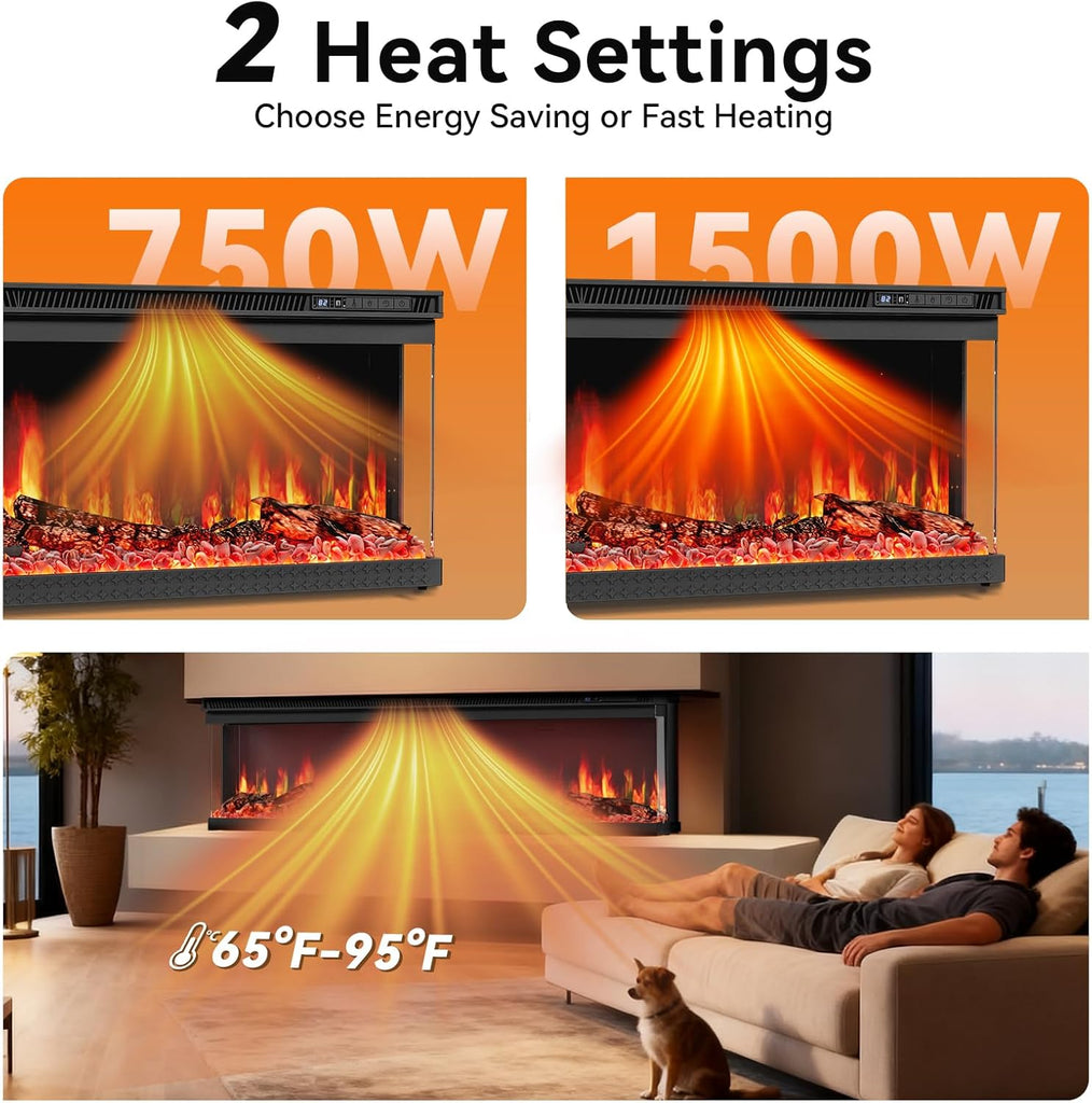 50-inch 3-Sided Wall Mount Electric Fireplace, Recessed & Built-in Design with Wi-Fi/Remote, 1500W Heater